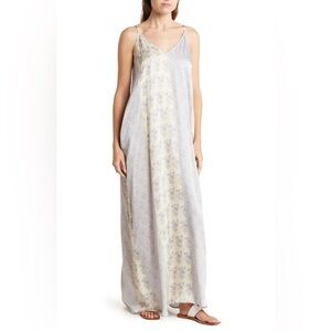 Love Stitch Boho Maxi Dress Blue Floral Satin Size M Summer Vacation Resort Chic